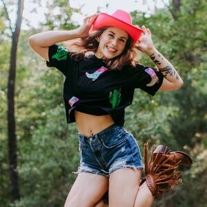 Black T-Shirt with Colorful Boot and Cactus Design western new